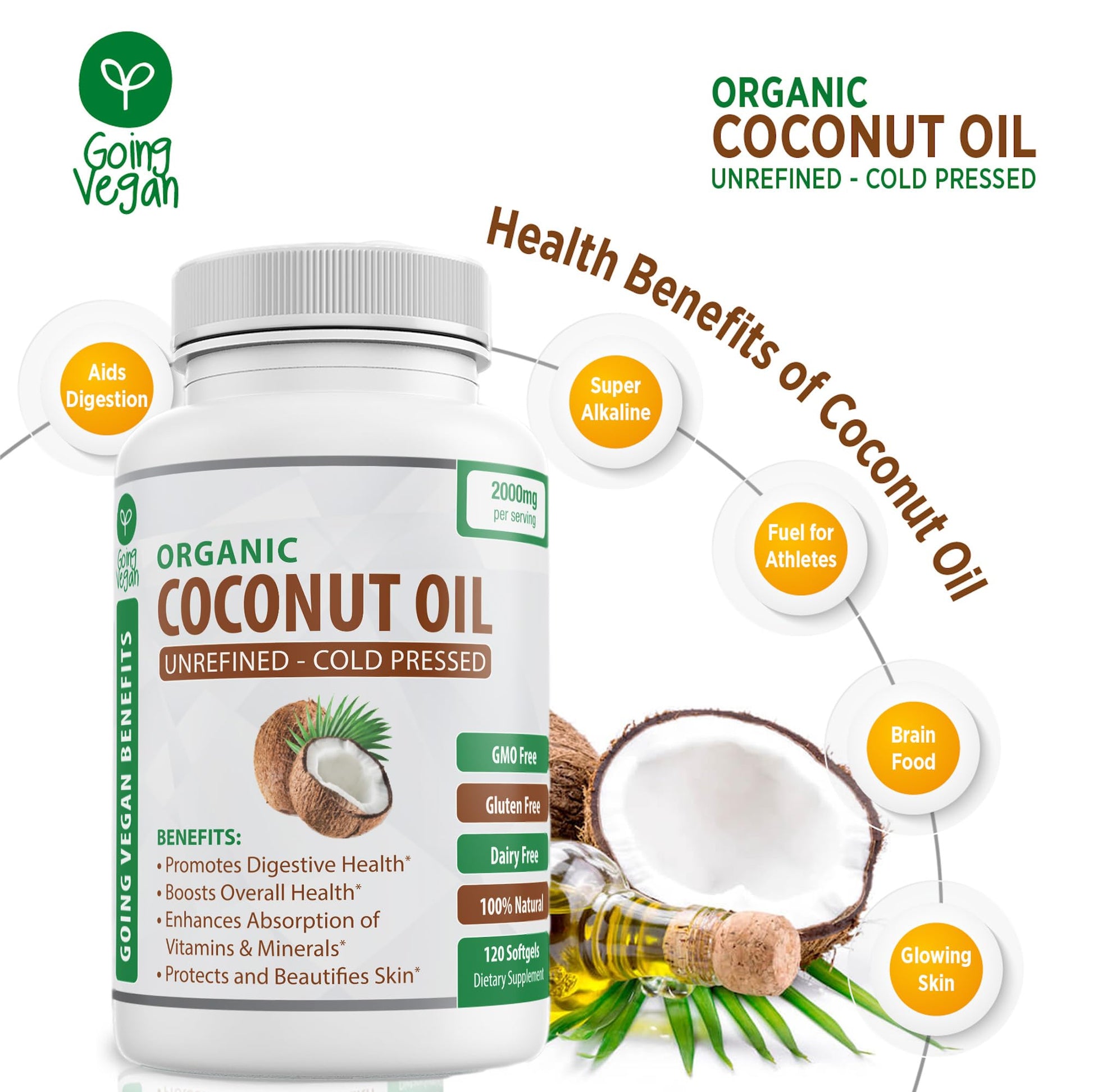 Organic Coconut Oil Capsules 2000mg - 100% Extra Virgin, Cold Pressed for Healthy Skin Going Vegan
