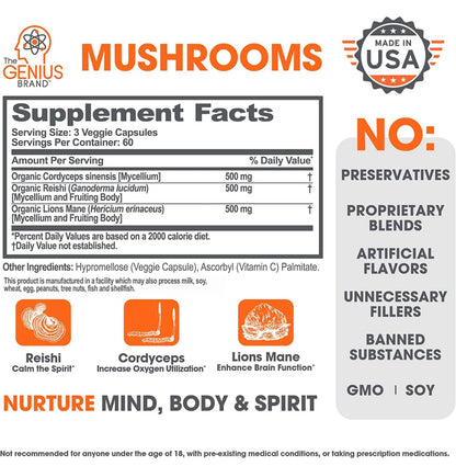 The Genius Brand - Lions Mane, Cordyceps and Reishi- Genius Mushroom