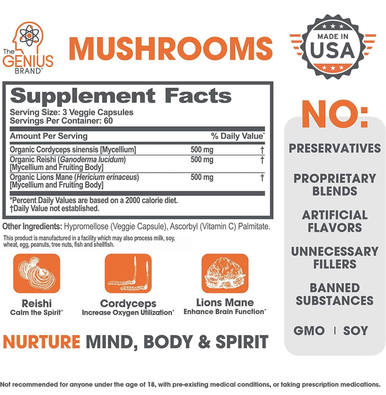 The Genius Brand - Lions Mane, Cordyceps and Reishi- Genius Mushroom The Genius Brand