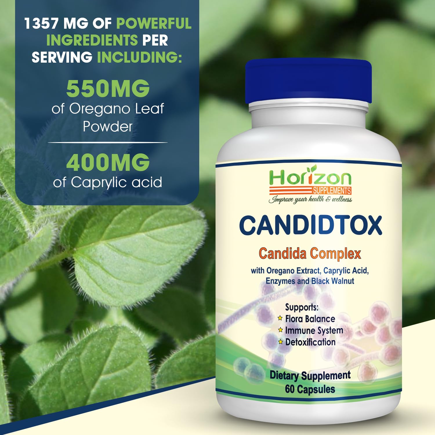 Candida Cleanse Support and Detox with Natural Herbs, probiotics and Oregano Oil Horizon Supplements
