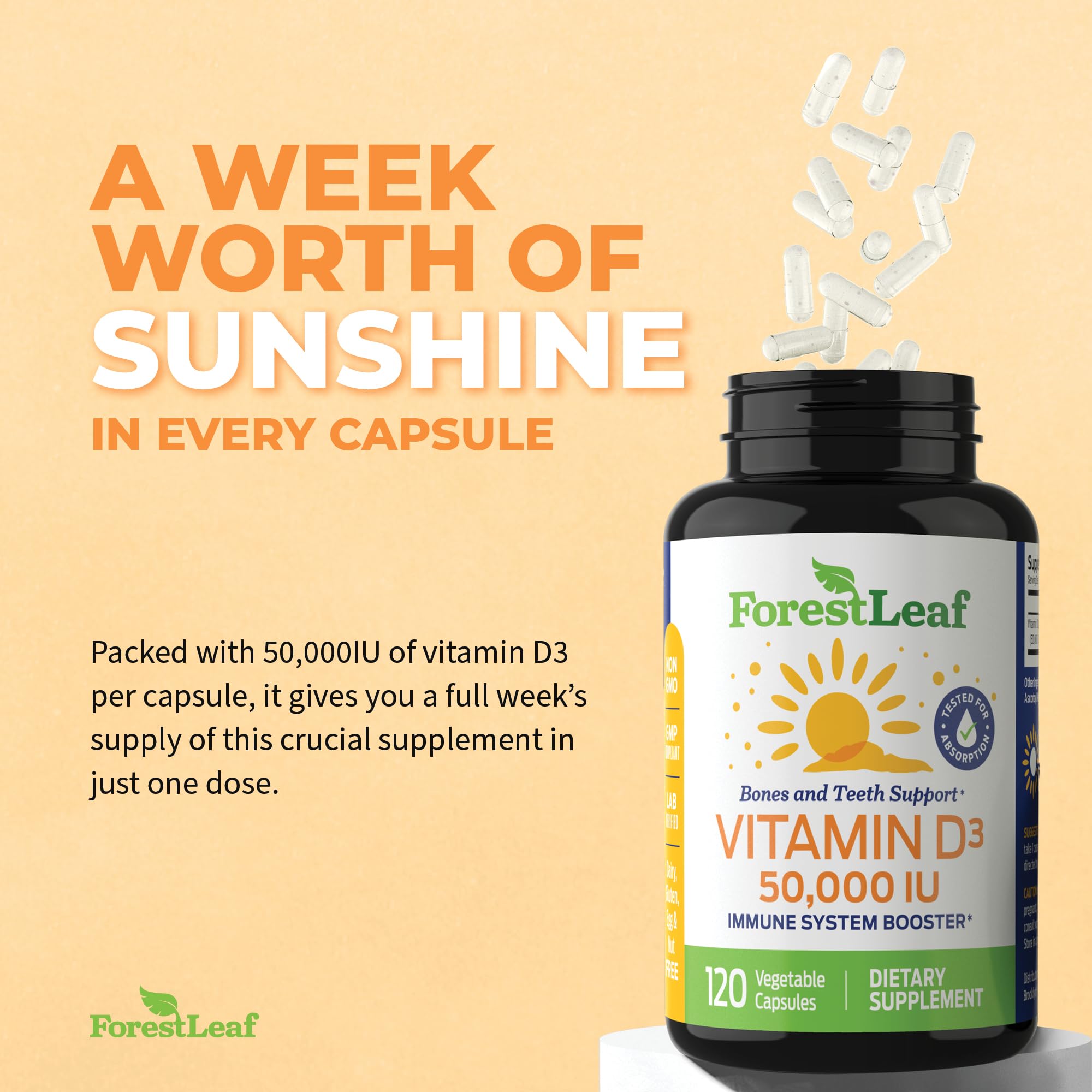 ForestLeaf - Vitamin D3 IU Weekly Supplement - Vitamin D Capsules for Bones