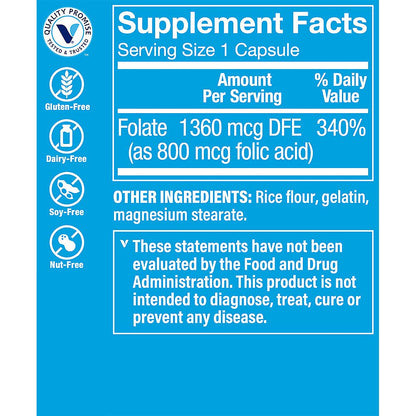 The Vitamin Shoppe Folic Acid 800MCG, Supports Prenatal & Fetal Development (100 Capsules)