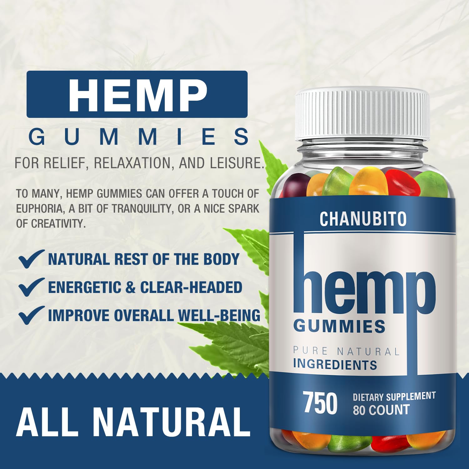 Hemp Gummies Organic High Potency Hemp Supplement - Pain, Sleep, Stress CHANUBITO