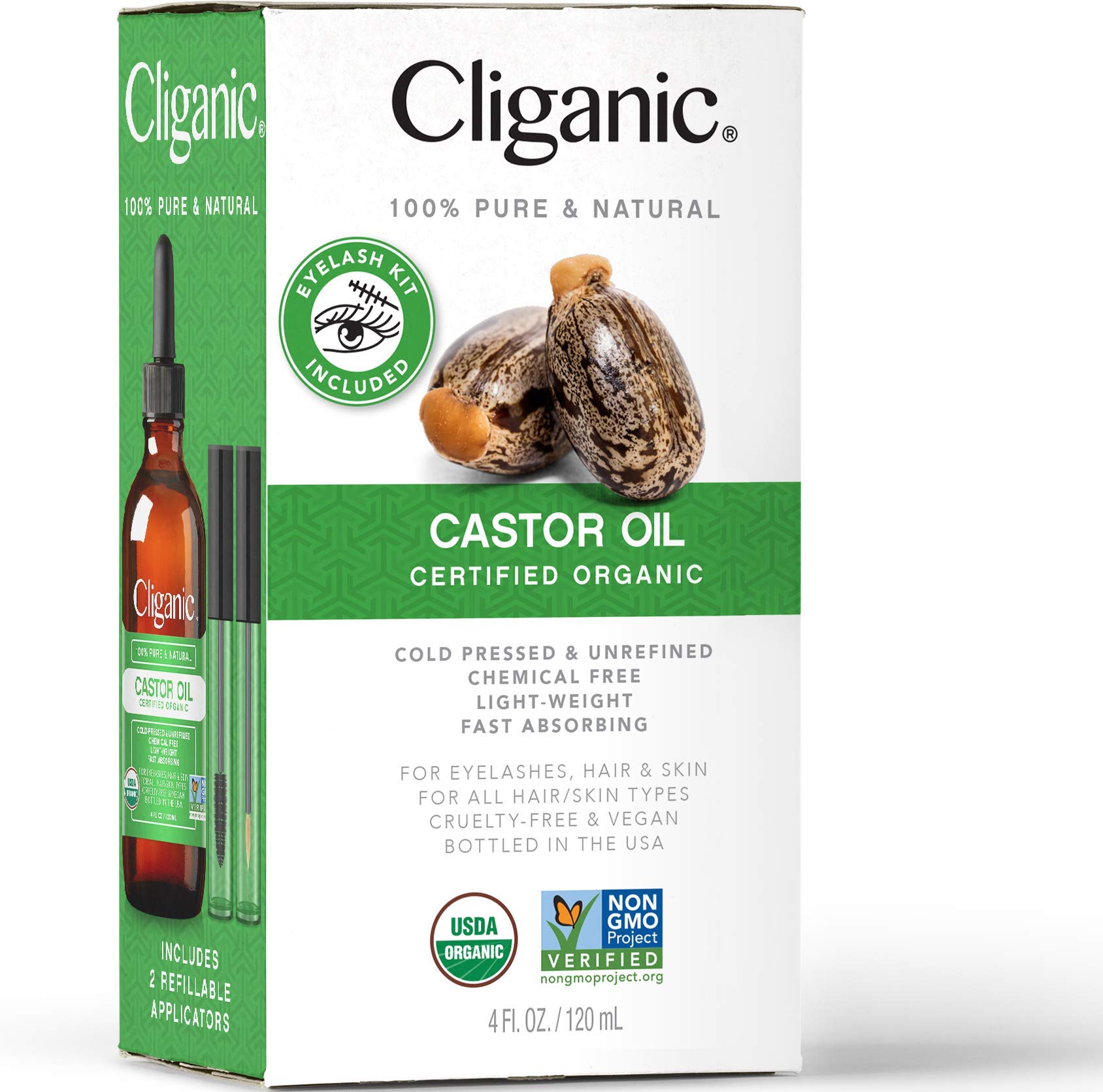 Cliganic Organic Castor Oil, 100% Pure (4oz with Eyelash Kit) - For Eyelashes, Eyebrows, Hair & Skin Cliganic
