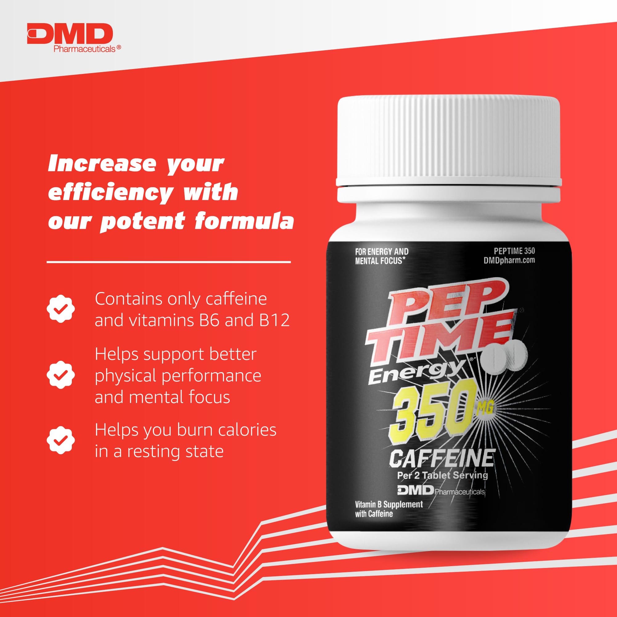 PEPTIME Energy Tablets, Vitamin B6 and B12 Caffeine Pills, 350 mg Caffein