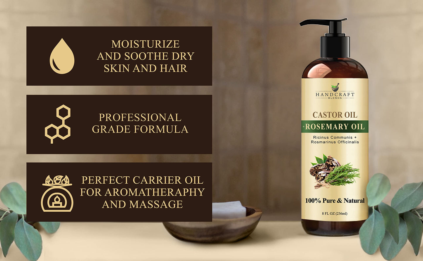 Handcraft Blends Castor Oil with Rosemary Oil for Hair Growth, Eyelashes, Eyebrows
