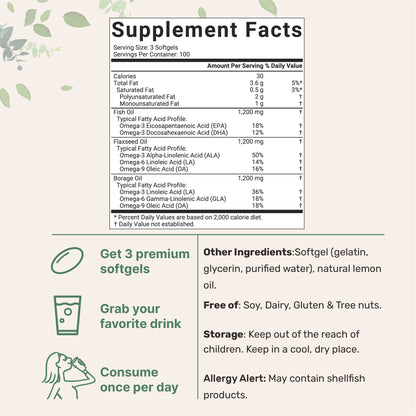 Ultra Omega 3-6-9 3600mg Perserv, 300 Burpless Softgels | Lemon Flavor