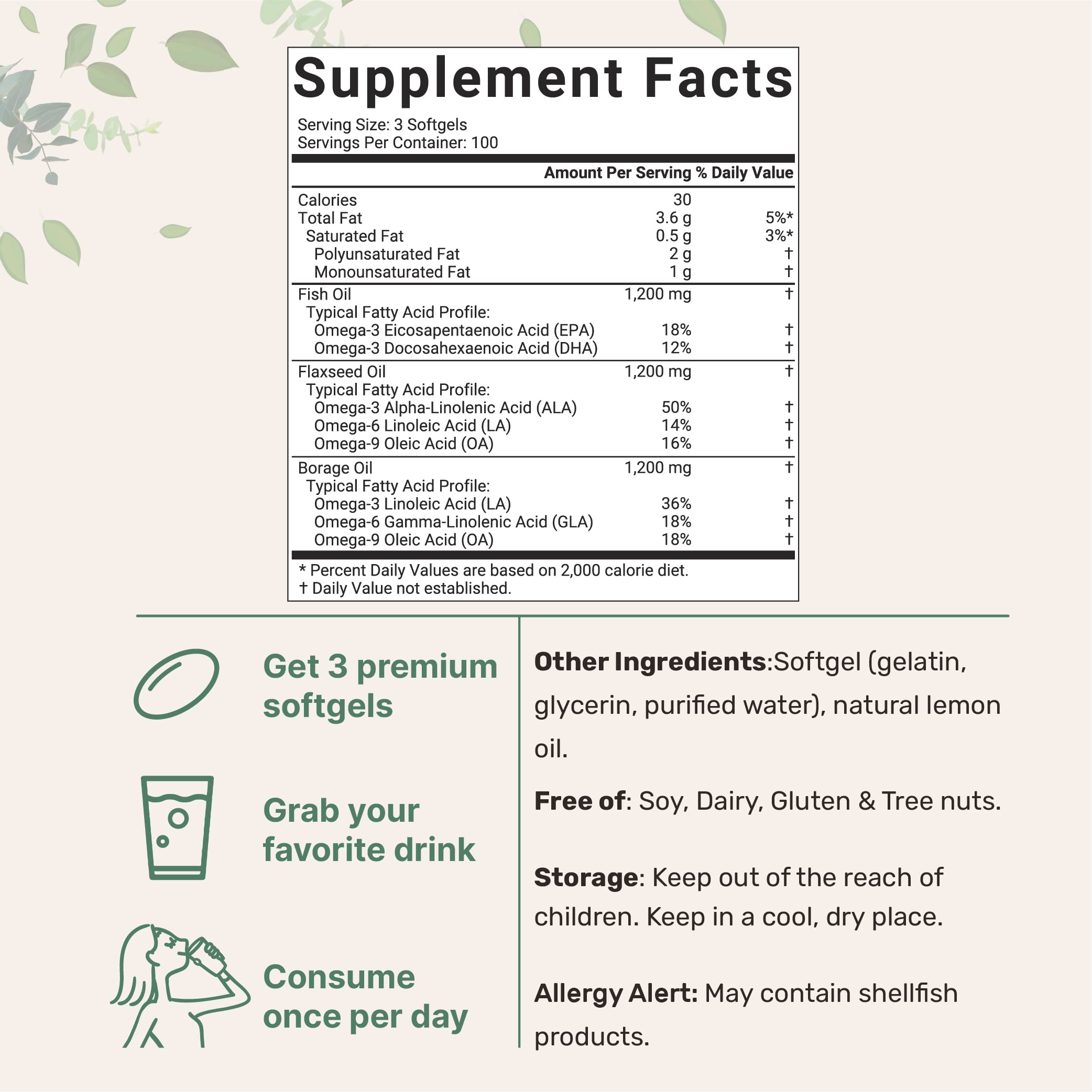 Ultra Omega 3-6-9 3600mg Perserv, 300 Burpless Softgels | Lemon Flavor Micro Ingredients