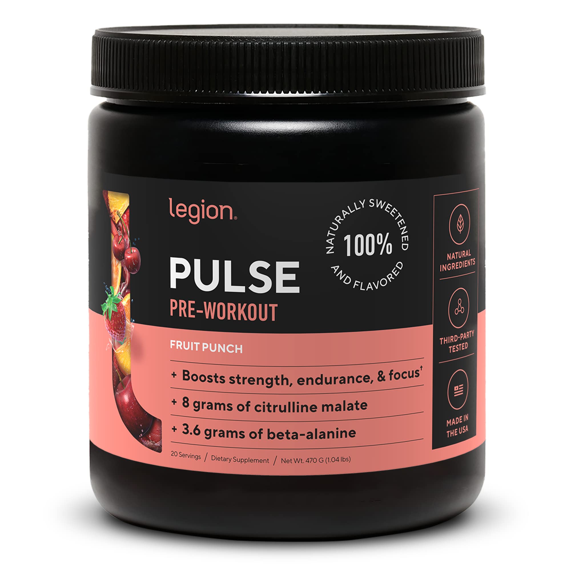 LEGION Pulse Pre Workout Supplement - All Natural Nitric Oxide Preworkout Drink to Boost Energy, Creatine Free, Naturally Sweetened, Beta Alanine, Citrulline, Alpha GPC (Fruit Punch & Blue Raspberry)