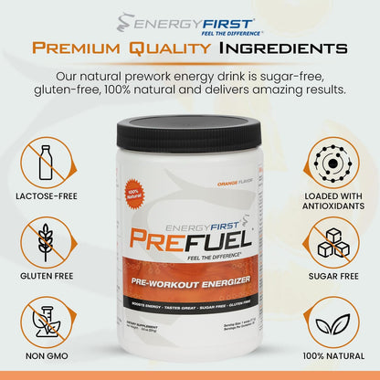 EnergyFirst Prefuel Pre-Workout Powder, Orange Flavor, Boost Energy, Creatine Monohydrate Powder with Amino Acids, L-Tyrosine, Green Tea & Caffeine, Immune Support - 30 Servings