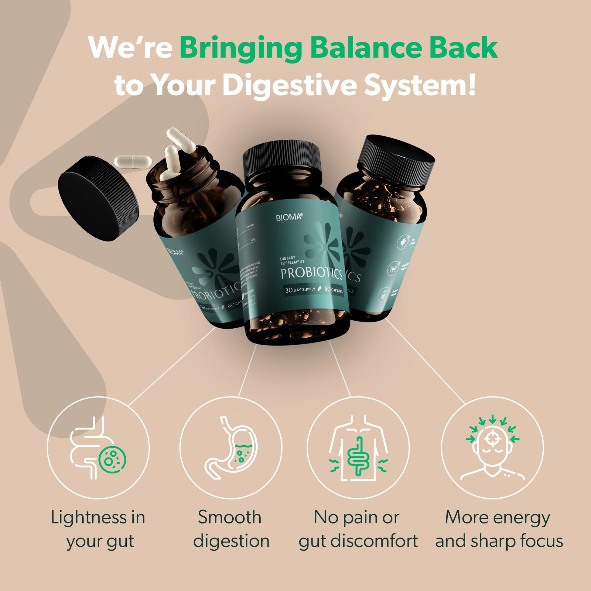 BIOMA Probiotics for Digestive Health, 3 in 1 Gut Health Probiotics and Prebiotics/Postbiotics BIOMA