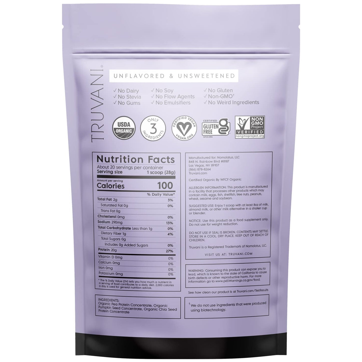Truvani Organic Vegan Protein Powder Unflavored - 20g of Plant Based Protein, Organic