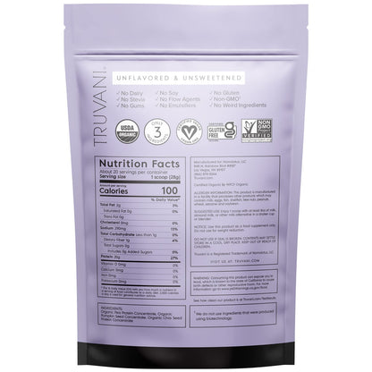 Truvani Organic Vegan Protein Powder Unflavored - 20g of Plant Based Protein, Organic