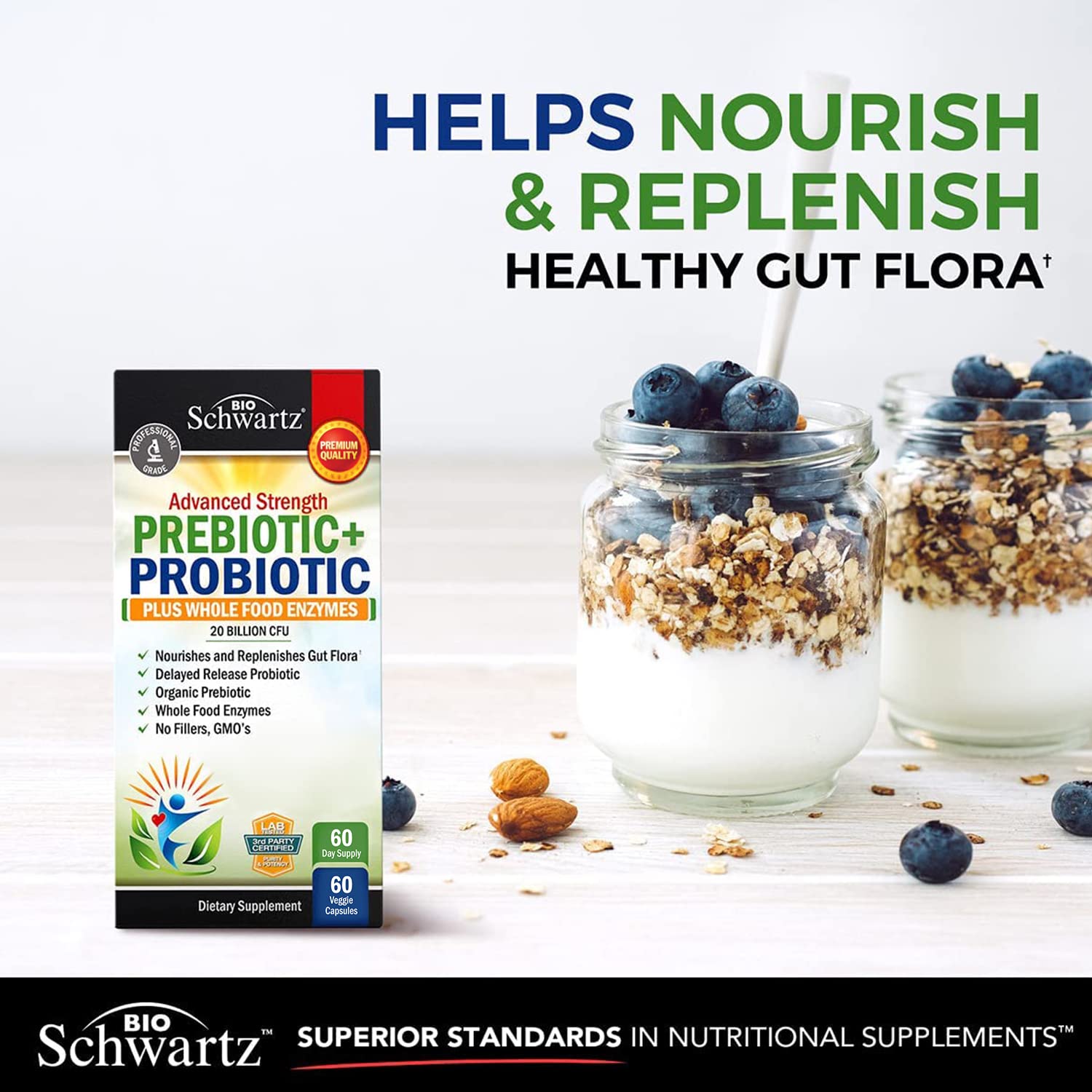 Prebiotics and Probiotic with Whole Food Enzymes for Adults Women & Men BioSchwartz