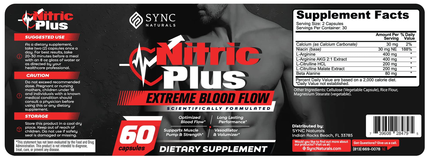 SYNC Naturals Nitric Plus- 800mg L Arginine- 400mg L Citrulline- Extra Strength Nitric