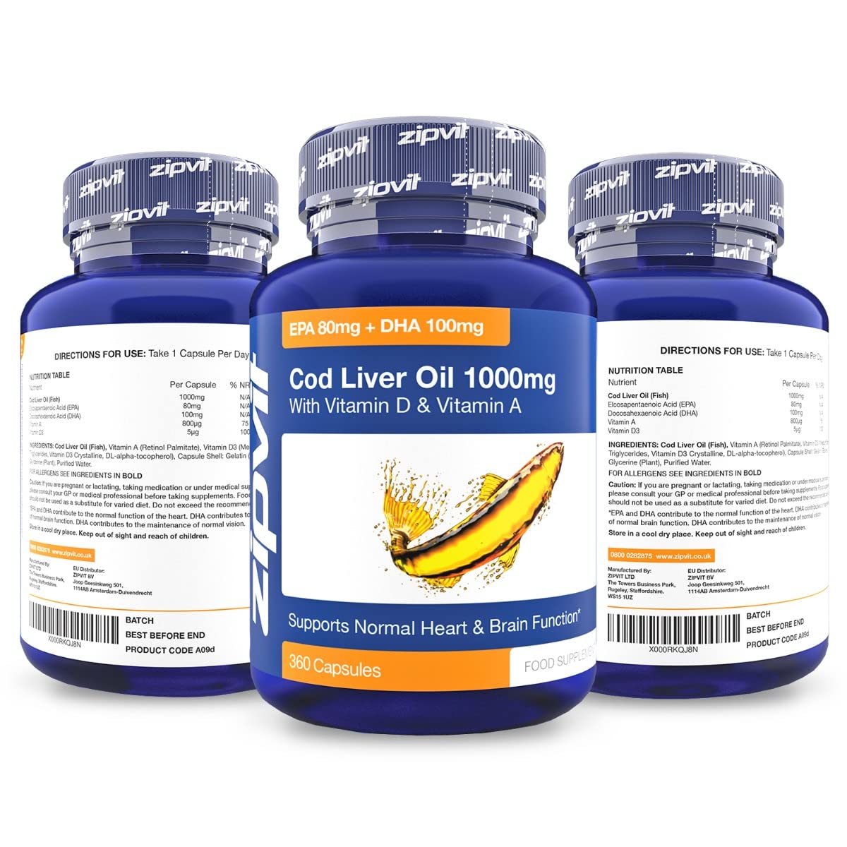 Cod Liver Oil 1000mg, 360 Capsules of High Strength Fish Oil, Rich in Omega 3. Supports Zipvit