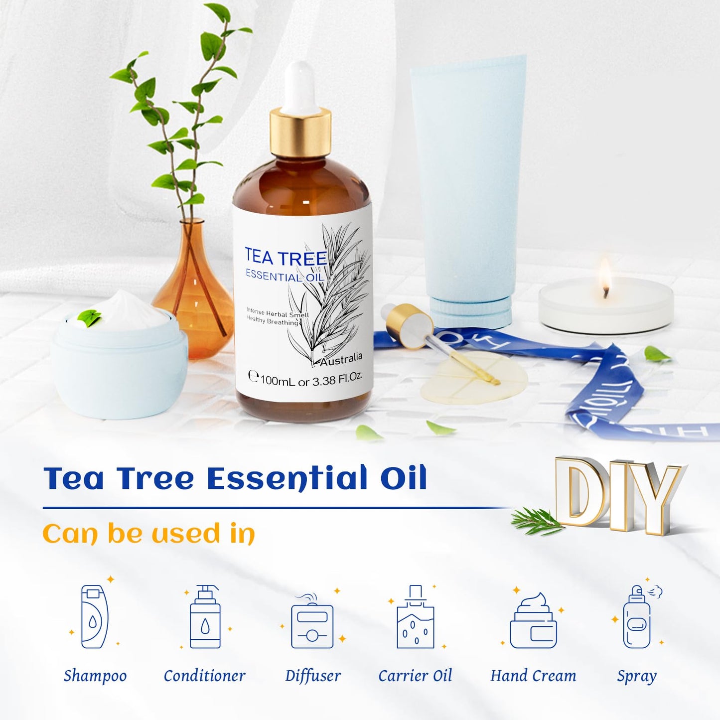 HIQILI Tea Tree Essential Oil (100 ML), 100% Pure for Toenail Fungus, Hair Damage