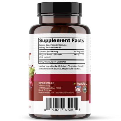 healblend Organic Nitric Oxide Beet Root Capsules 1300mg - Support Immune System, Nitric Oxide Booster - 120 Count