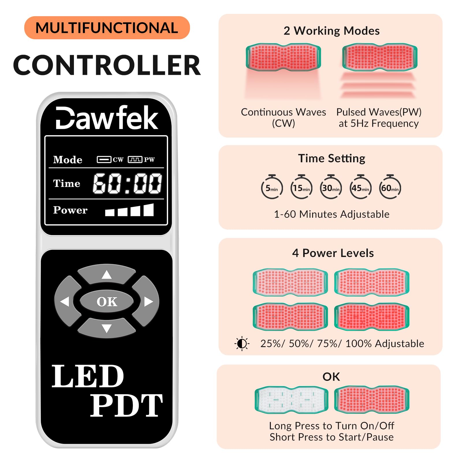 Dawfek Red Light Therapy Belt for Pain Relief Silicone Wearable Near Infrared Light Wrap Deep Dawfek