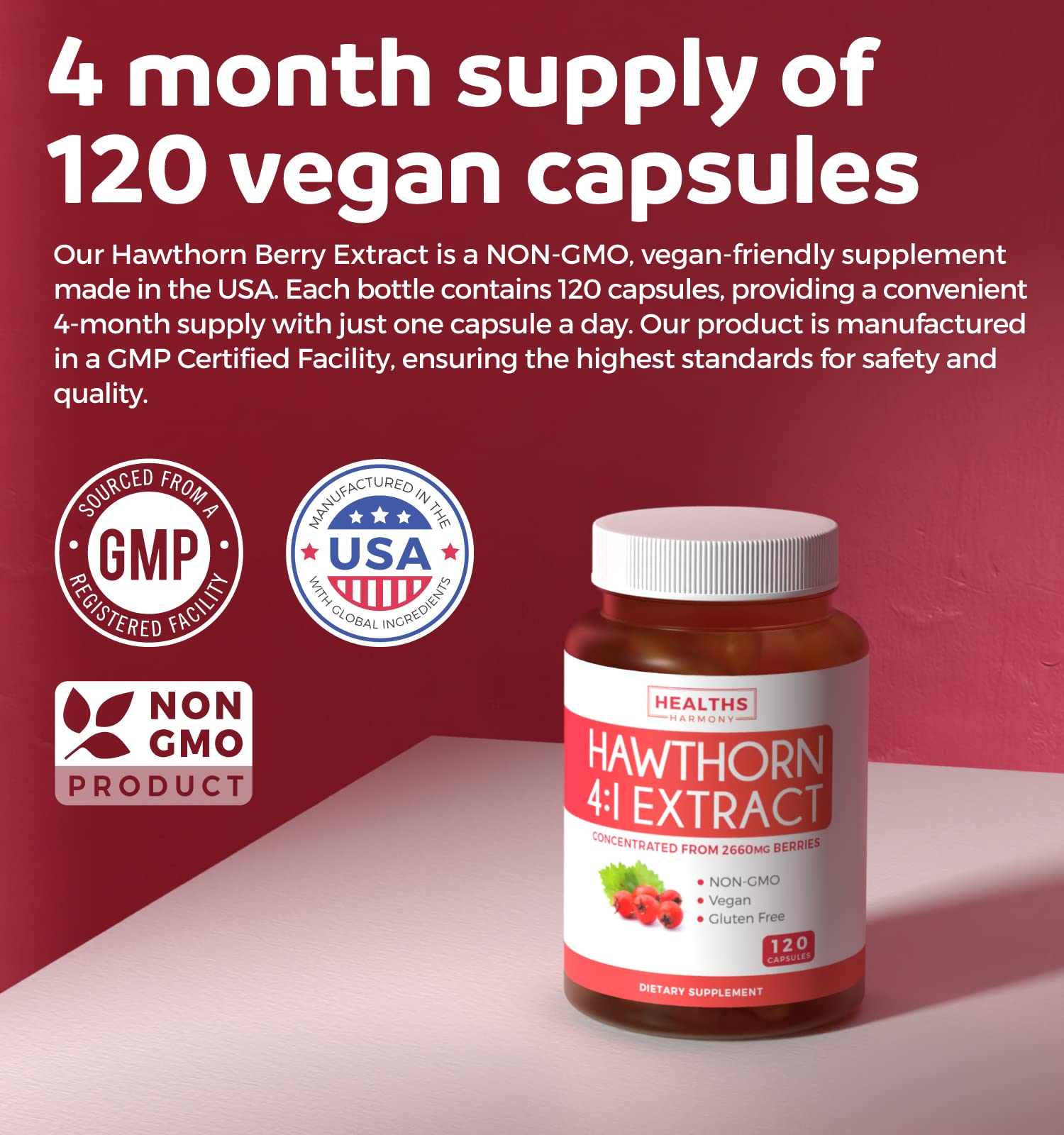 Hawthorn Berry Capsules - 4 Month Supply Digestion & Heart Health Supplement Healths Harmony