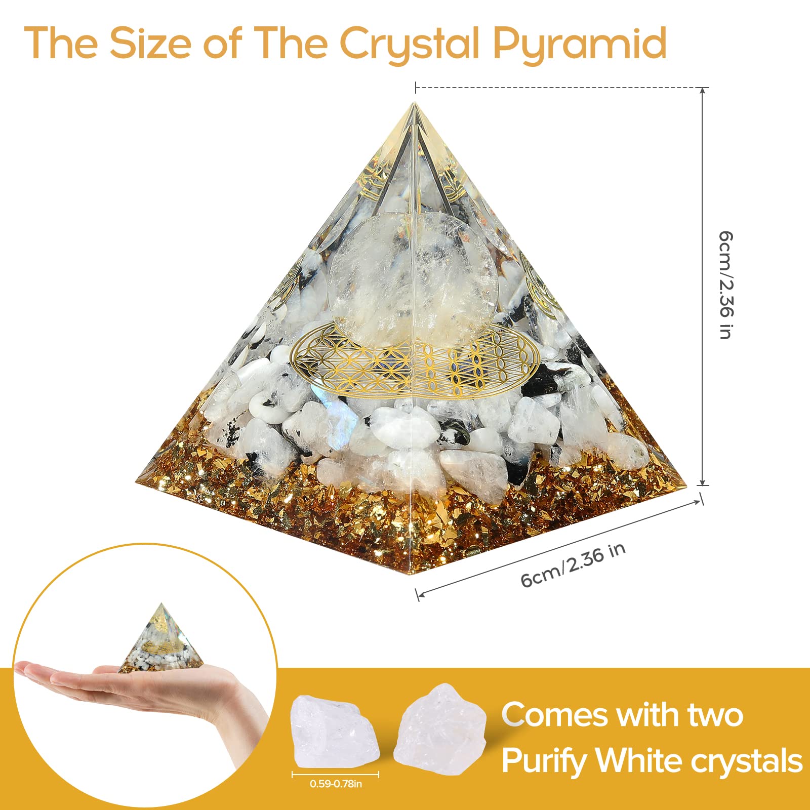 Hopeseed Orgone Pyramid for Positive Energy, Orgonite Rainbow Moonstone&White Crystal Hopeseed