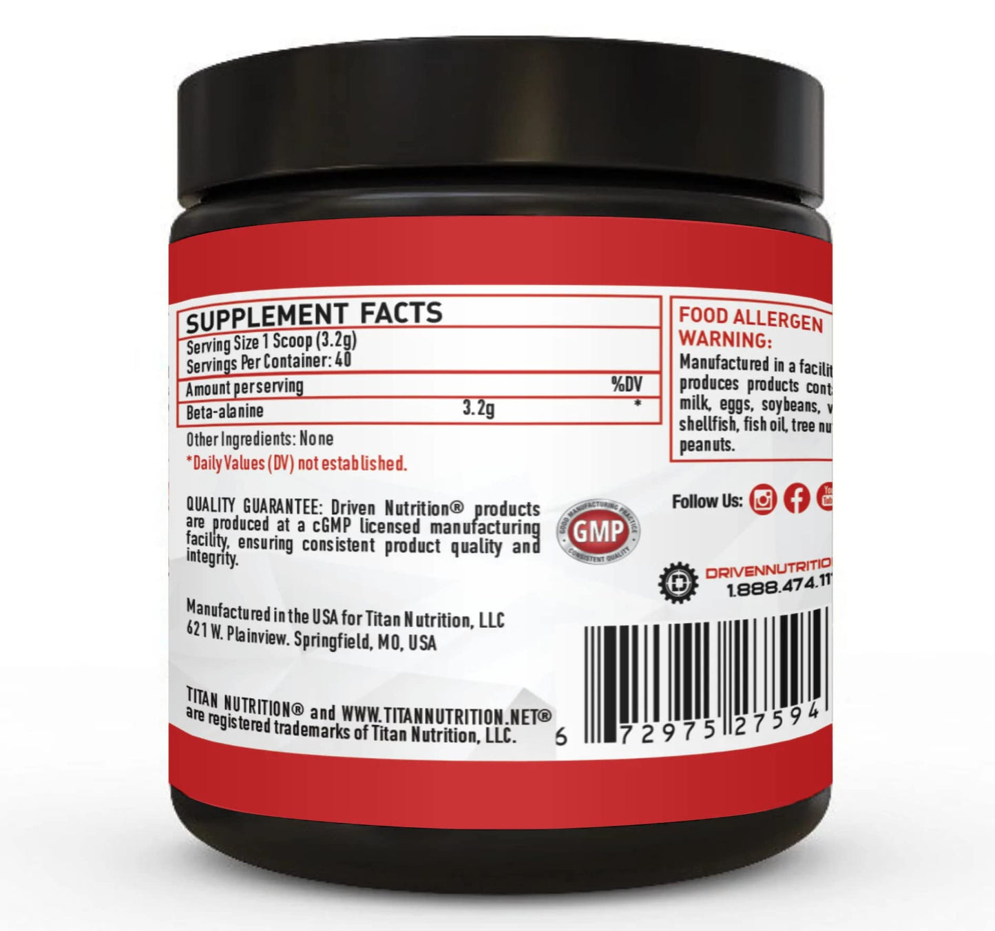 Driven Nutrition Beta Alanine, Unflavored - Preworkout Carnosine Booster for Physical Endurance, Reduce Lactic Acid & Muscle Fatigue, Support Workout Capacity for Weightlifting & High Intensity Cardio