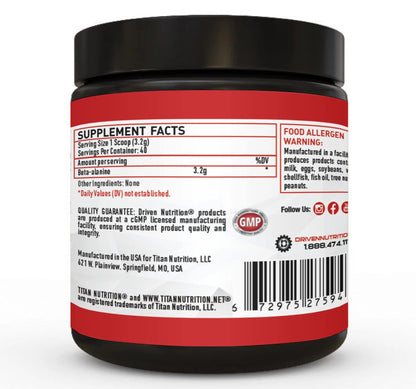 Driven Nutrition Beta Alanine, Unflavored - Preworkout Carnosine Booster for Physical Endurance, Reduce Lactic Acid & Muscle Fatigue, Support Workout Capacity for Weightlifting & High Intensity Cardio