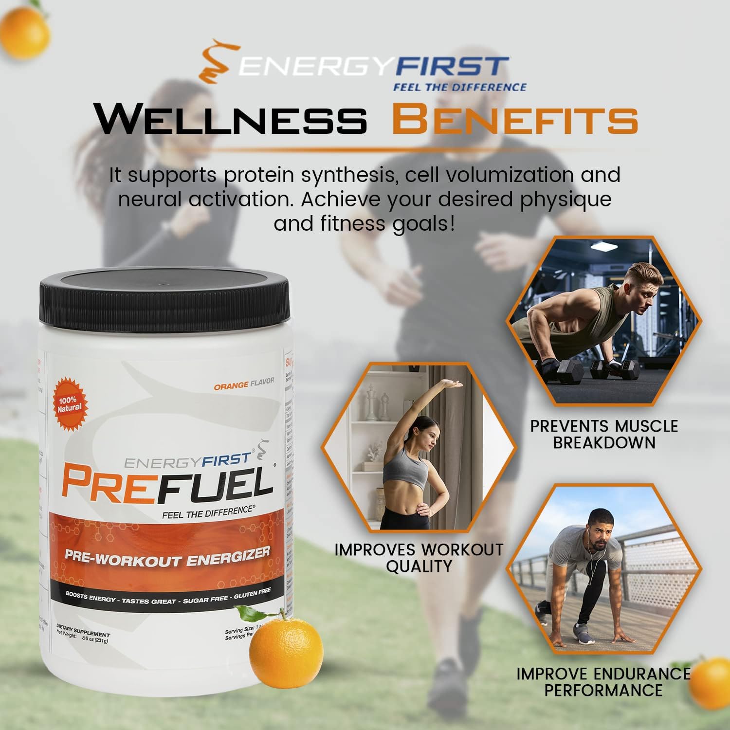 EnergyFirst Prefuel Pre-Workout Powder, Orange Flavor, Boost Energy, Creatine Monohydrate Powder with Amino Acids, L-Tyrosine, Green Tea & Caffeine, Immune Support - 30 Servings