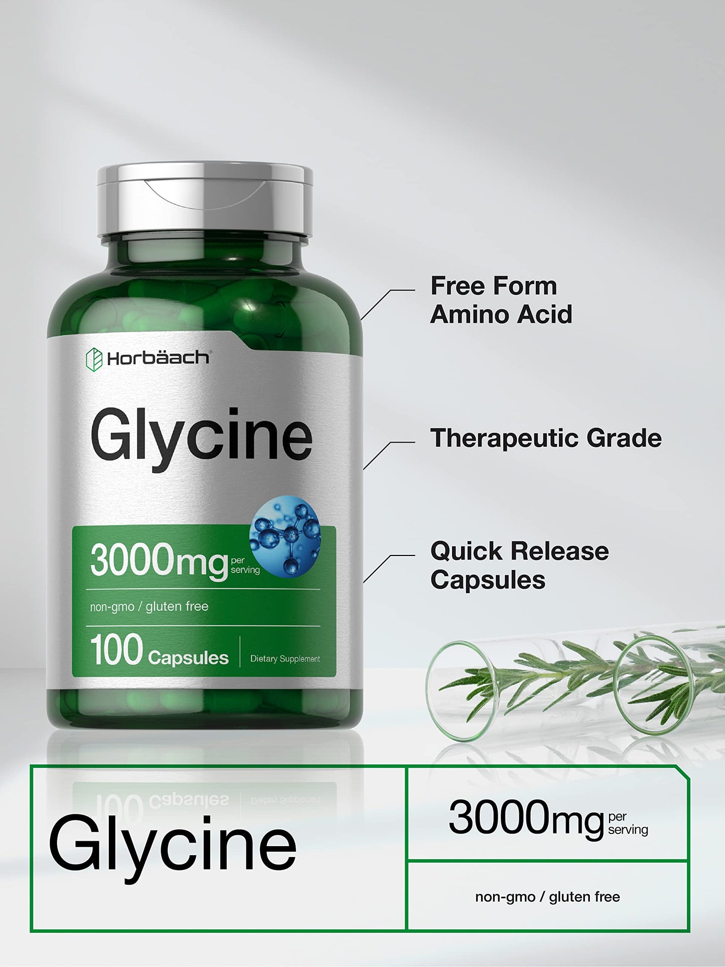 Glycine 3000 mg 100 Capsules | Non-GMO, Gluten Free Glycine Supplement | by Horbaach
