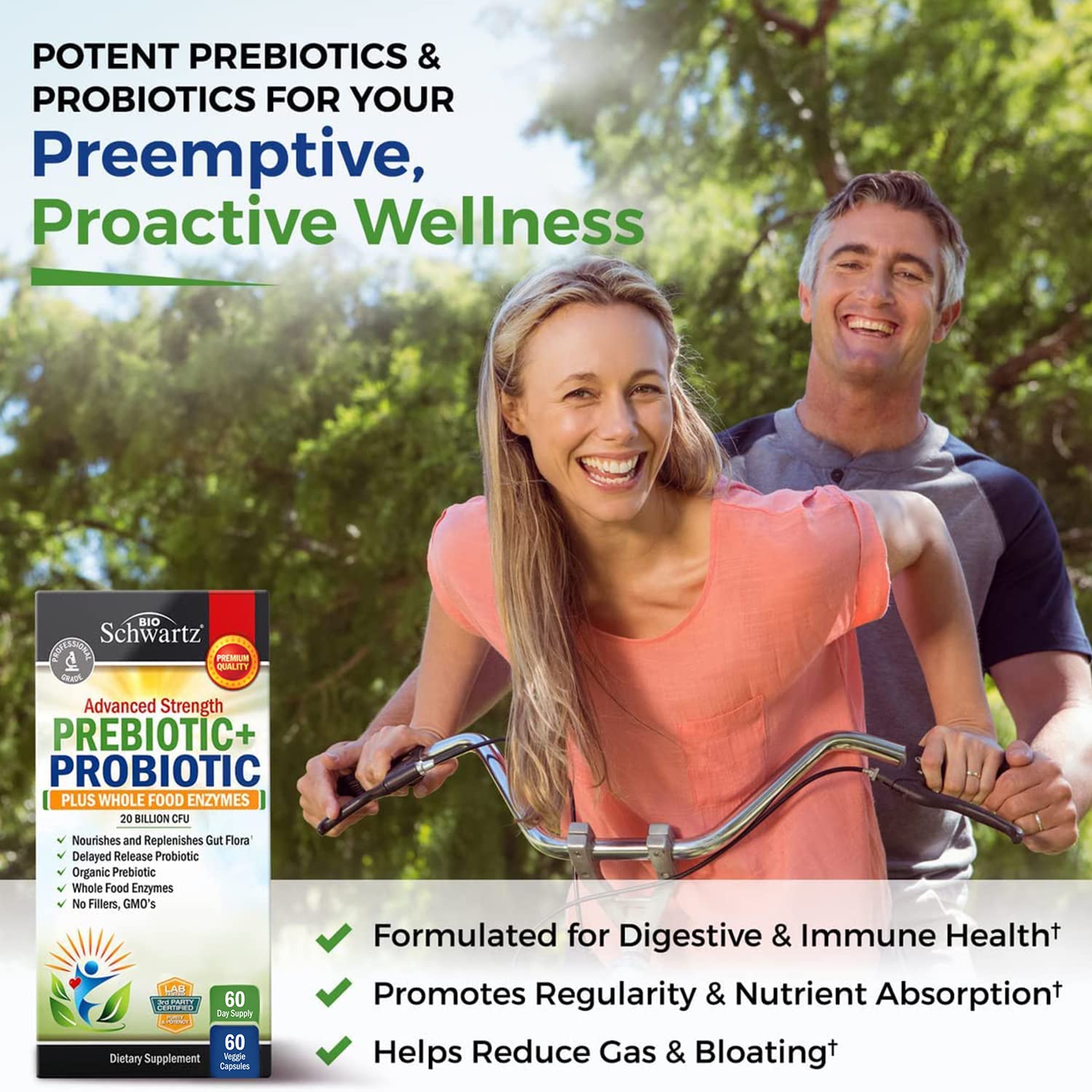 Prebiotics and Probiotic with Whole Food Enzymes for Adults Women & Men BioSchwartz