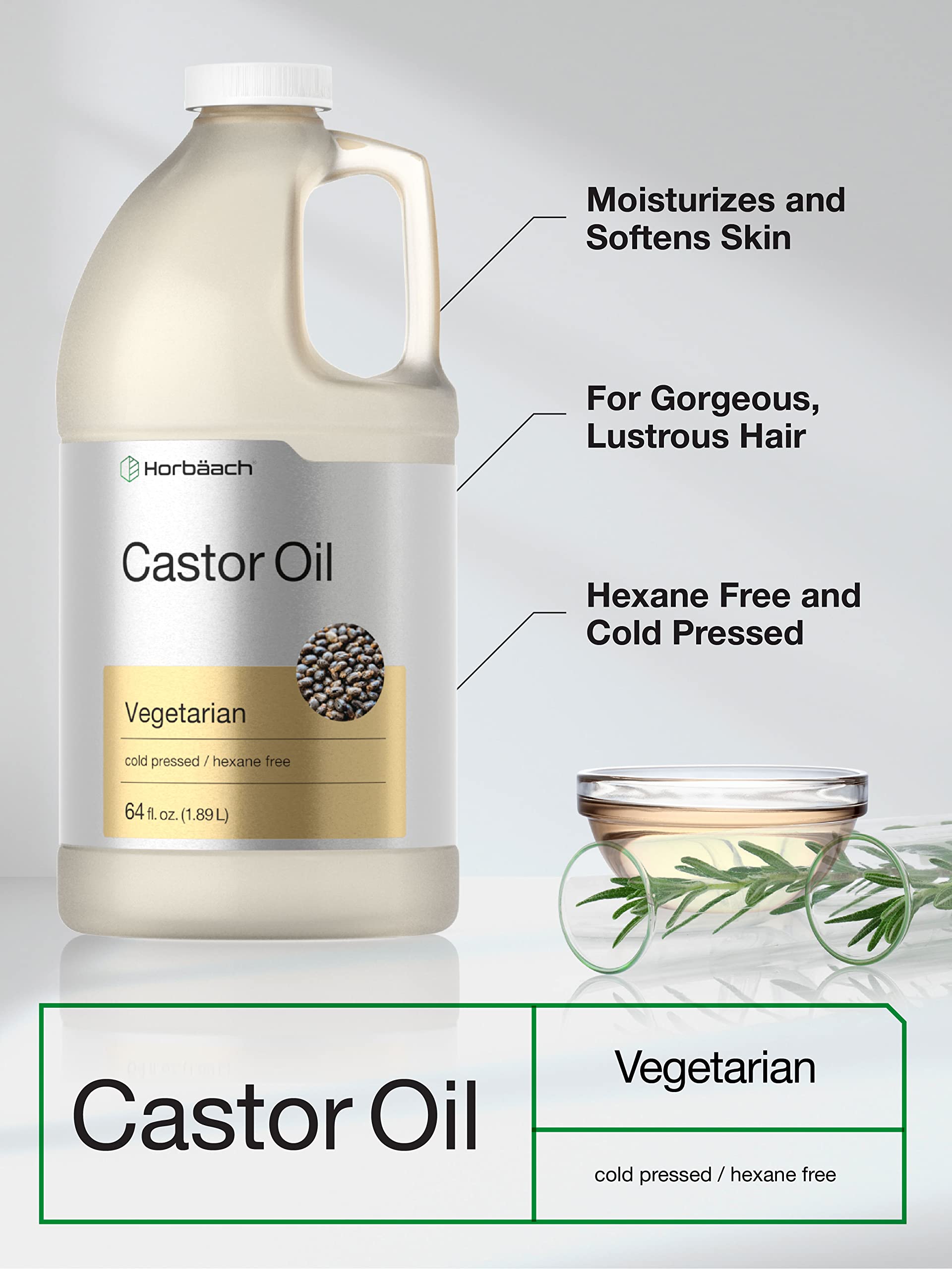 Castor Oil 64oz | for Hair Health, Eyelashes & Eyebrows | Hexane Free & Cold Pressed Horbäach