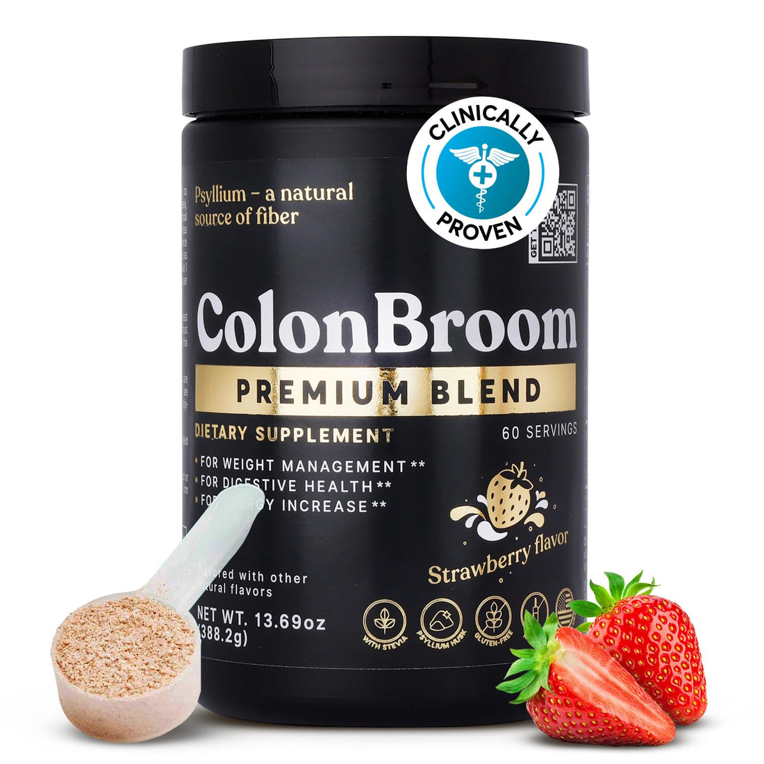 ColonBroom Premium Psyllium Husk Powder (Strawberry) - Colon Cleanse for Bloating 