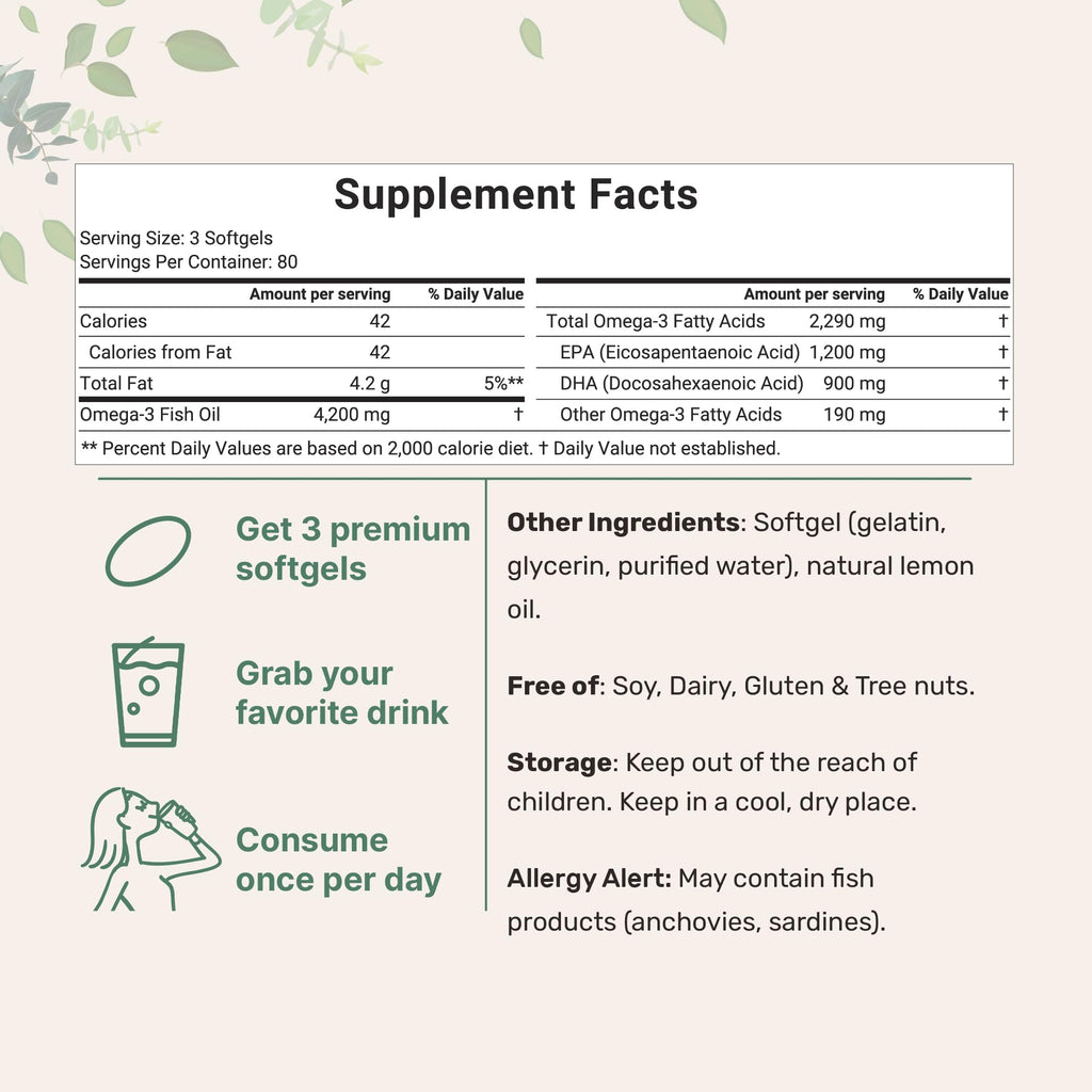 Triple Strength Omega 3 Fish Oil Supplements 4200mg Per Serving, 240 Softgels