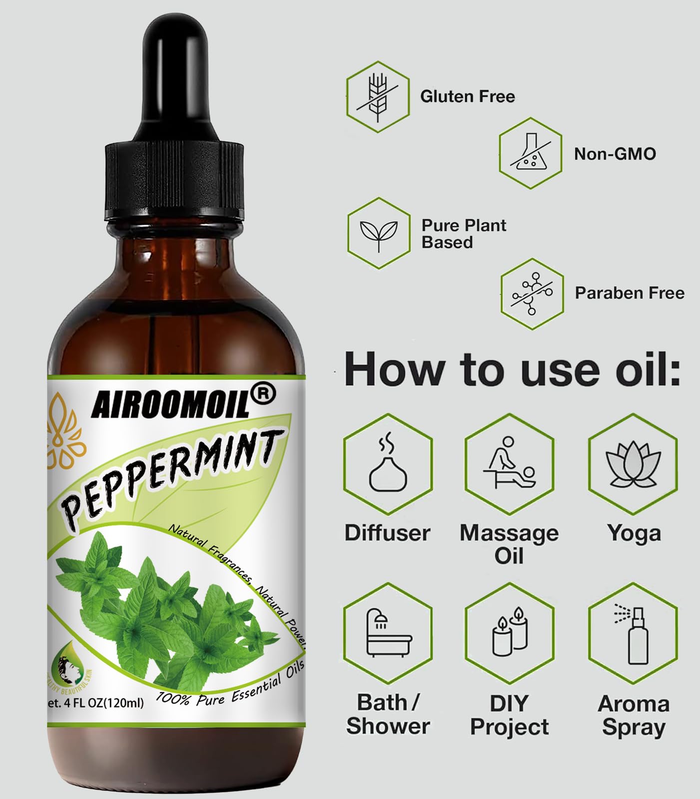airoomoil Invigorating Peppermint Essential Oil for Showers Skin Use Shampoo Soap Ideal airoomoil