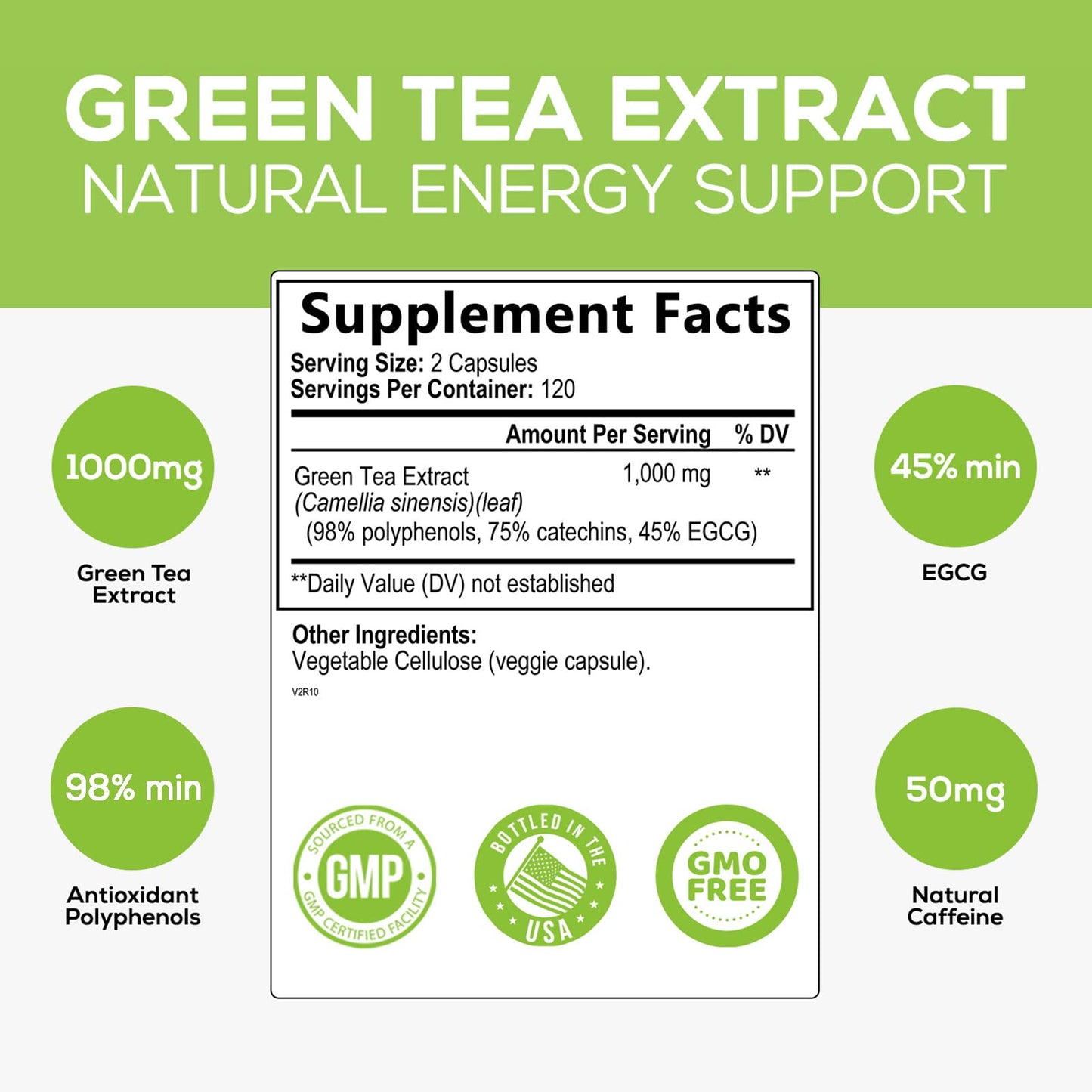 Green Tea Extract Capsules 1000mg 98% Standardized EGCG - 3X Strength for Natural