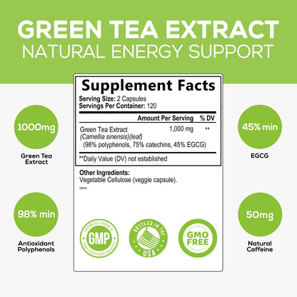 Green Tea Extract Capsules 1000mg 98% Standardized EGCG - 3X Strength for Natural