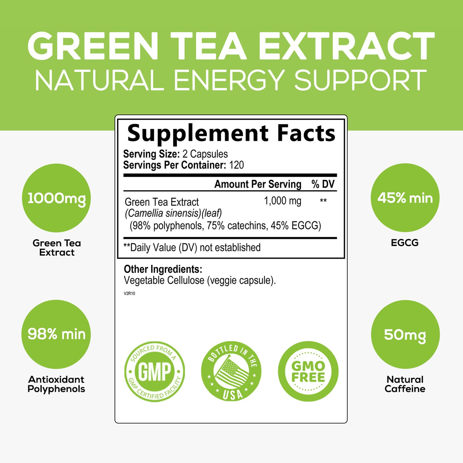 Green Tea Extract Capsules 1000mg 98% Standardized EGCG - 3X Strength for Natural Nature's Nutrition