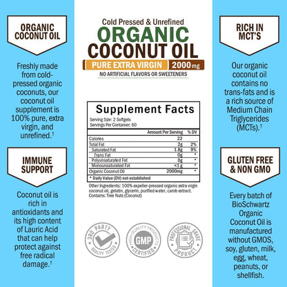 Coconut Oil Capsules 2000mg - Organic Pure Extra Virgin Unrefined Cold Pressed MCT