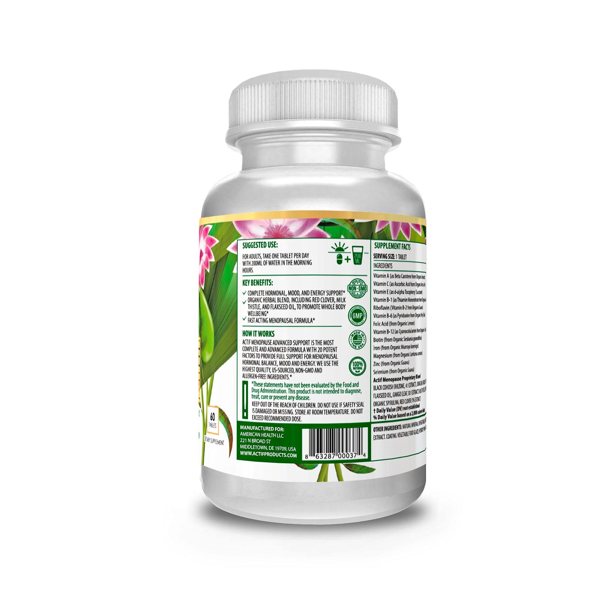 Actif Menopause Advanced Support with 20+ Organic Vitamins and Herbs - Relieves Hot Flashes, Night Sweats ACTIF