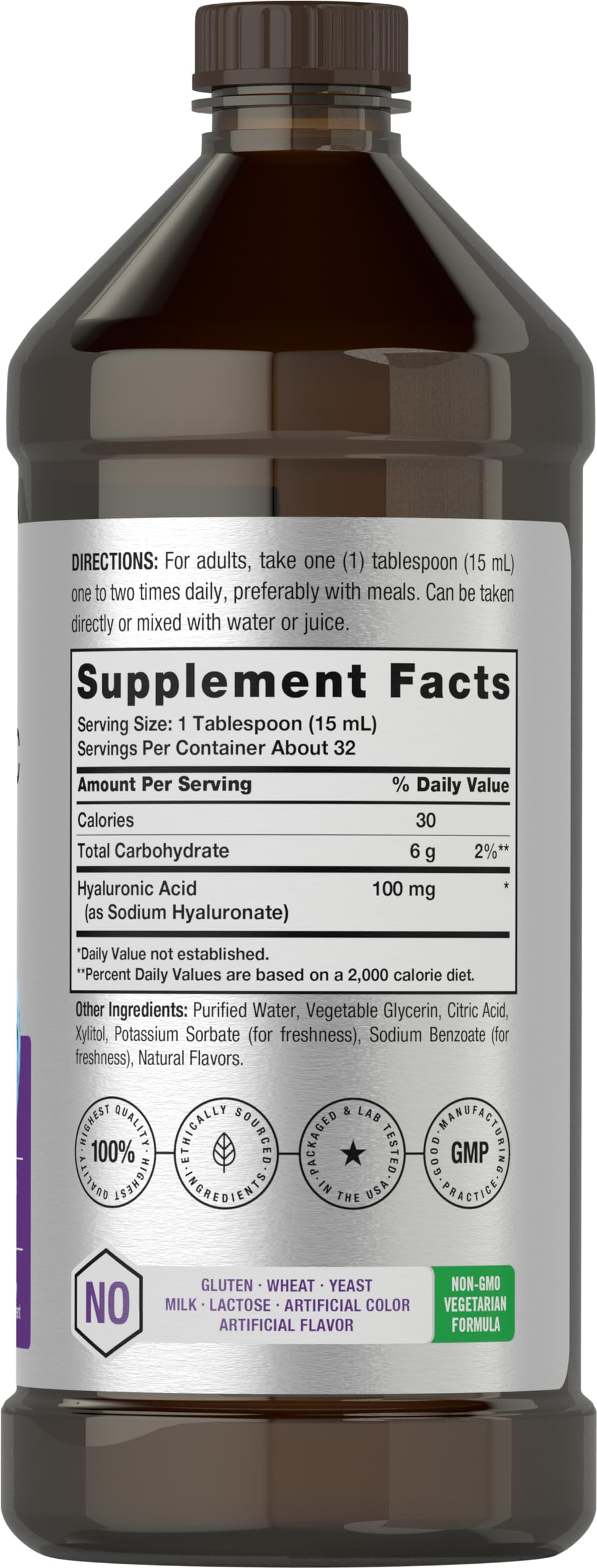 Liquid Hyaluronic Acid Supplement | 100 mg | 16 oz | Mixed Berry Flavor | Non-GMO