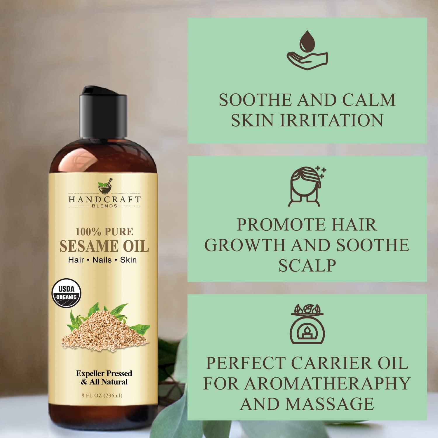 Handcraft Blends Organic Sesame Oil for Skin and Hair 8 oz - 100% Pure and Natural - Premium Handcraft Blends