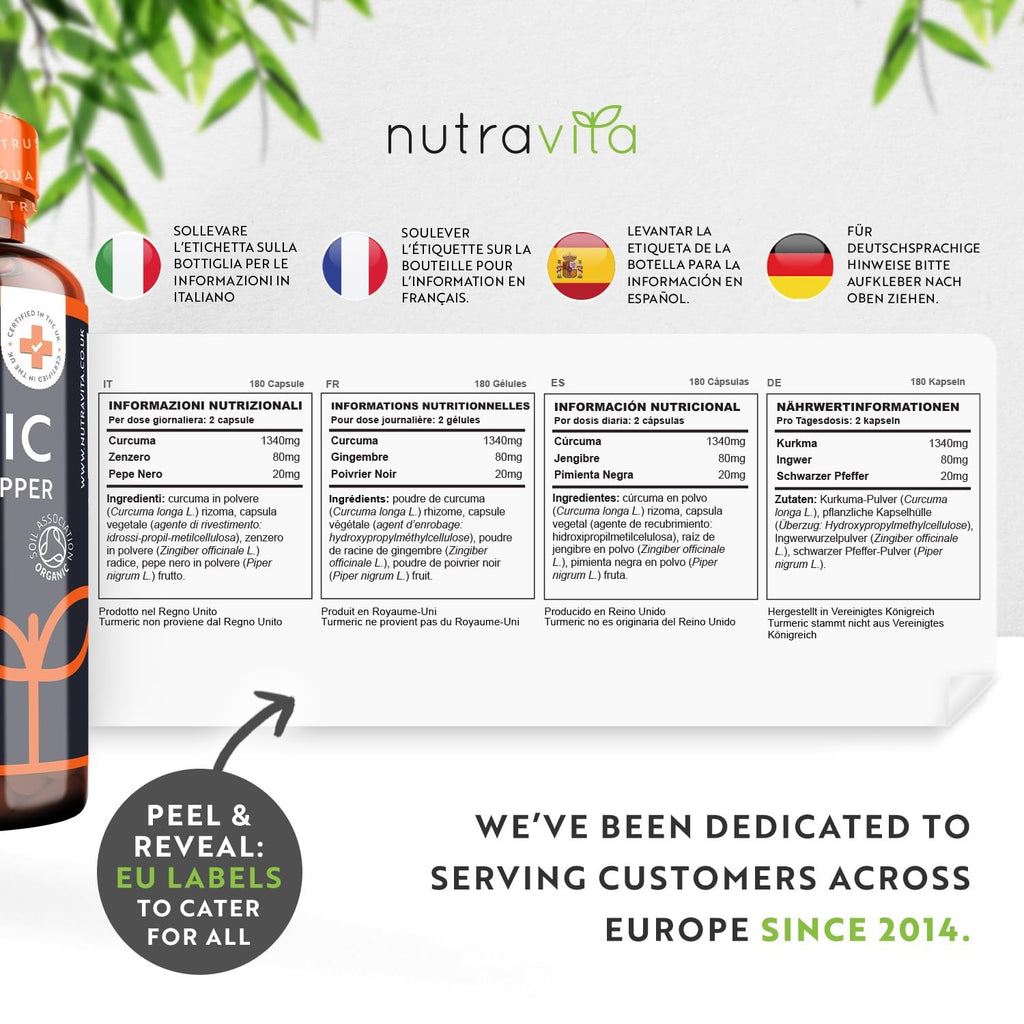 Organic Turmeric 1440mg (High Strength) with Black Pepper & Ginger - 180 Vegan Turmeric