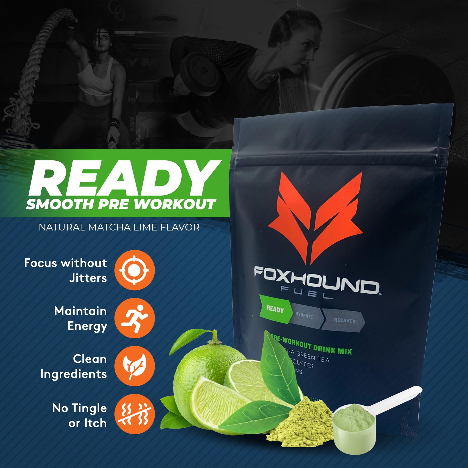 Foxhound Fuel Keto Pre Workout Powder Electrolytes Drink Mix, Sugar Free Preworkout for Men & Women, Supports Energy, Hydration, with B Vitamins, Vegan, Clean & Natural, Matcha Green Tea, 25 Servings