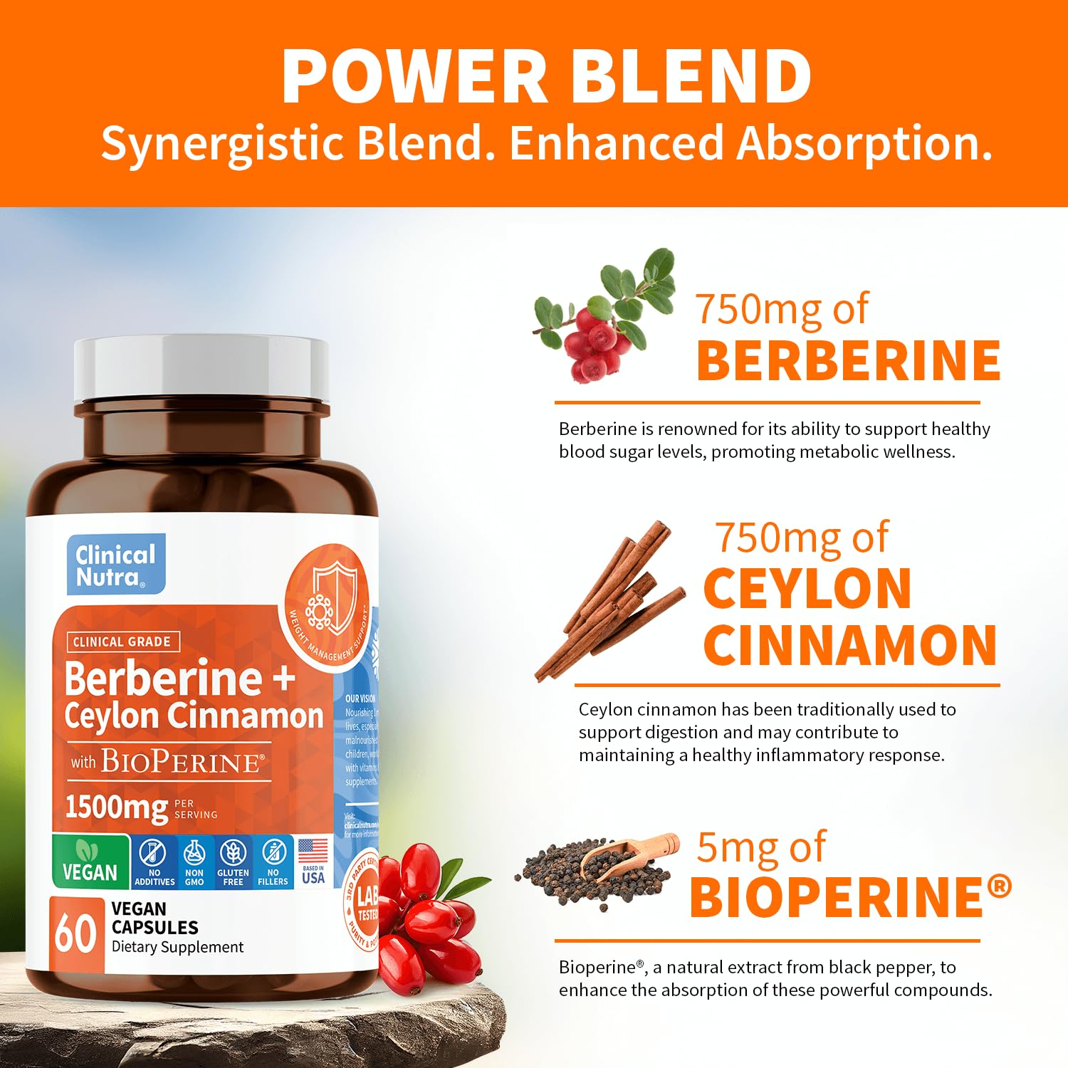 Clinical Grade Berberine Supplement 1500mg HCL Plus Ceylon Cinnamon Weight Managemen Clinical Nutra