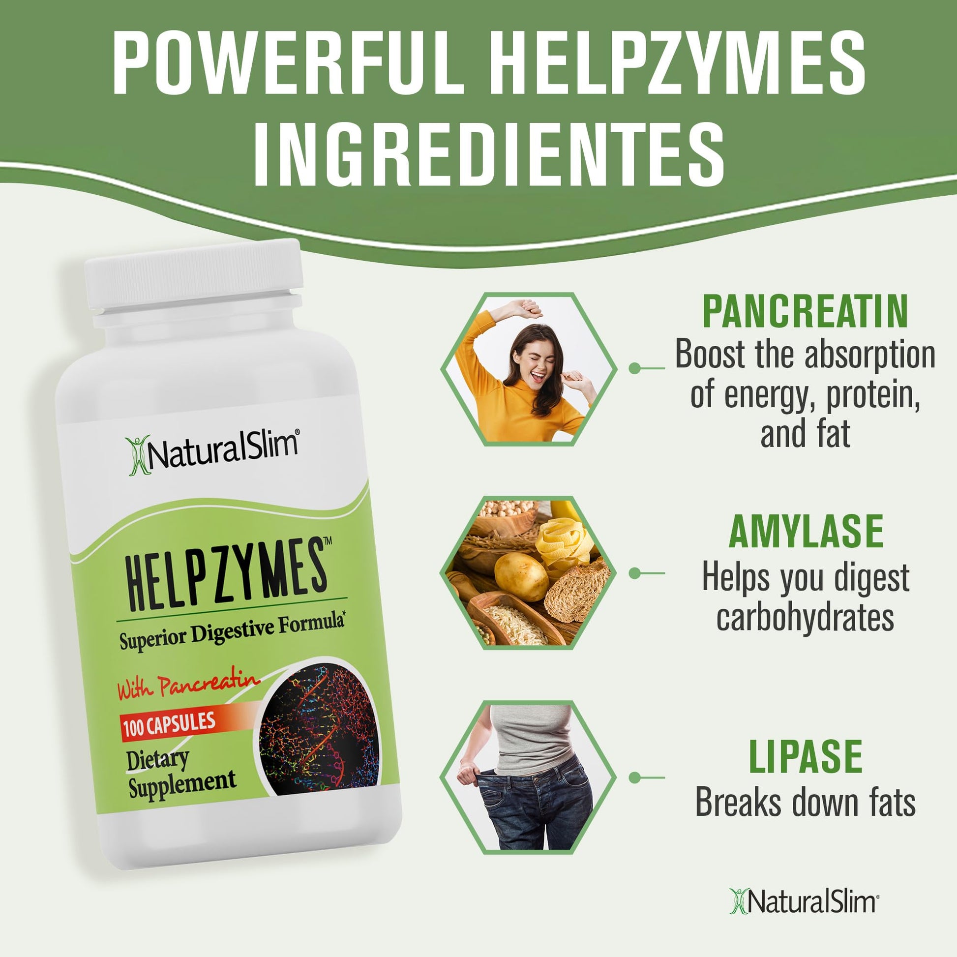 NaturalSlim Helpzymes Digestive Enzymes for Digestion, Bloating, Gas Reli NaturalSlim