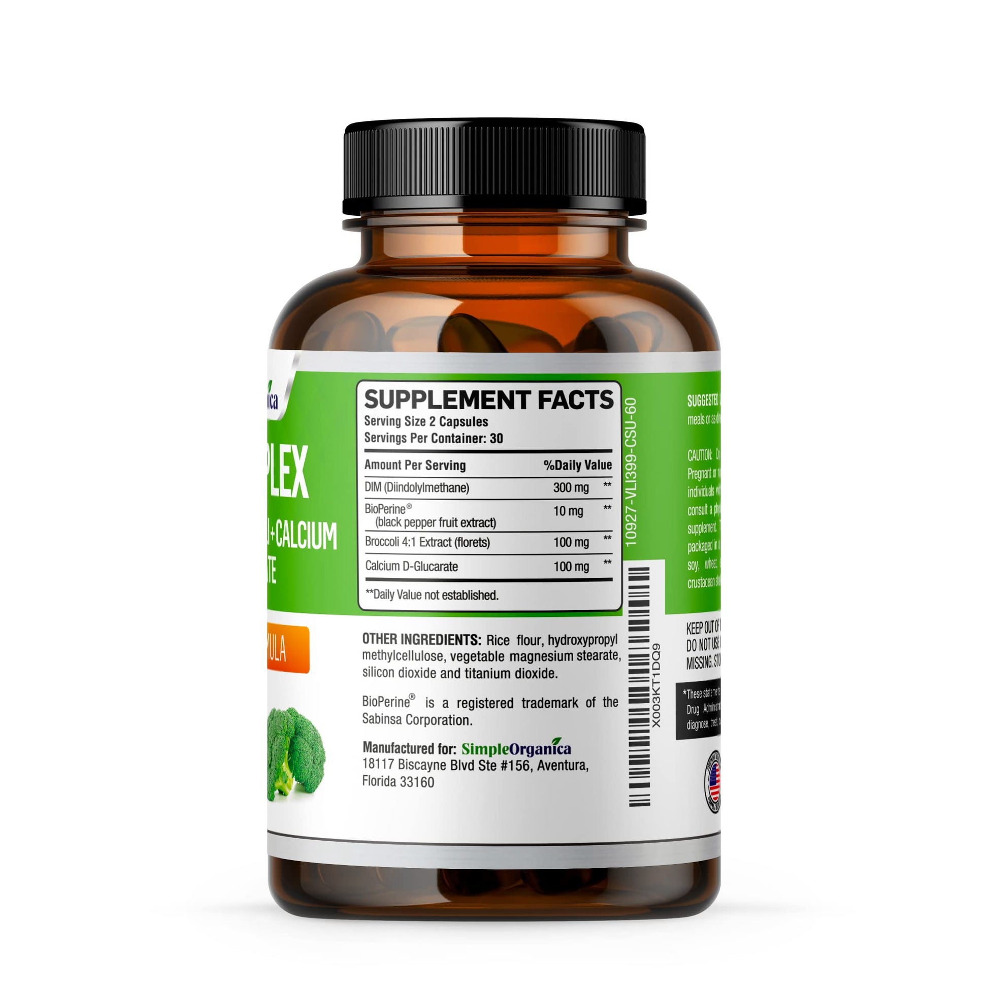 DIM Supplement (Diindolylmethane) 300mg + BioPerine + Calcium D-Glucarate for Women & Men Simple Organica