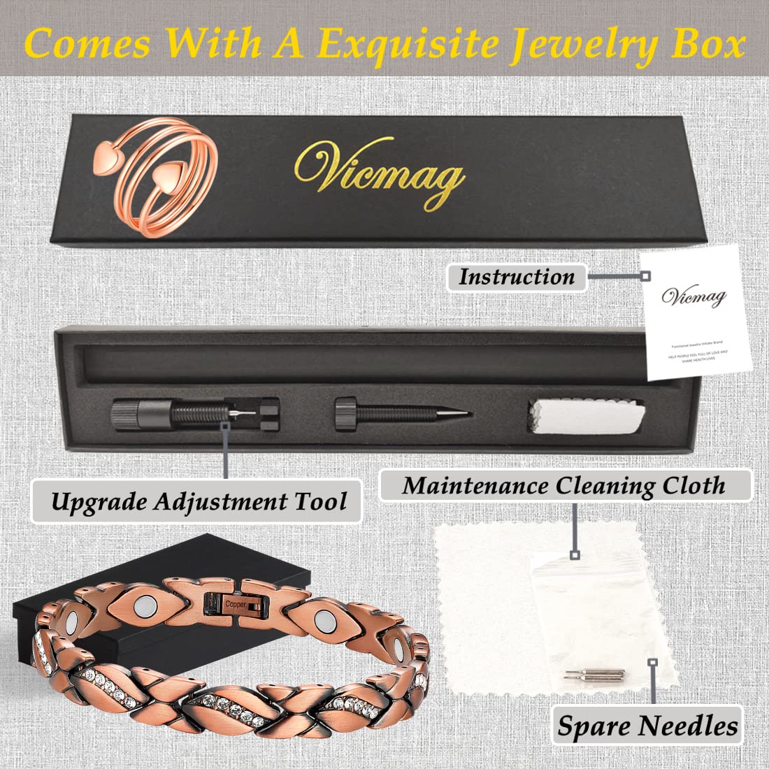 Vicmag Copper Bracelet for Women 99.9% Solid Pure Copper Valentine's Day Gift for Her with Adjustment Tool Vicmag