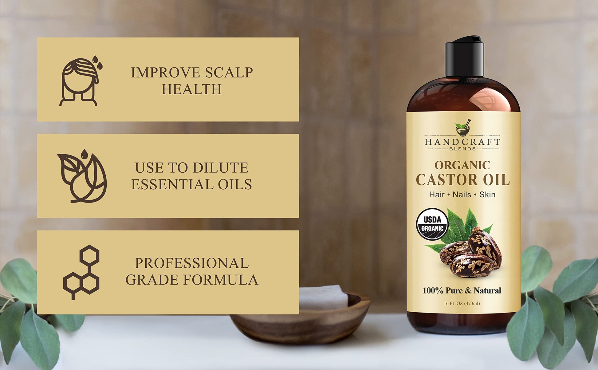 Handcraft Blends Organic Castor Oil for Hair Growth, Eyelashes and Eyebrows - 100% Pure Handcraft Blends