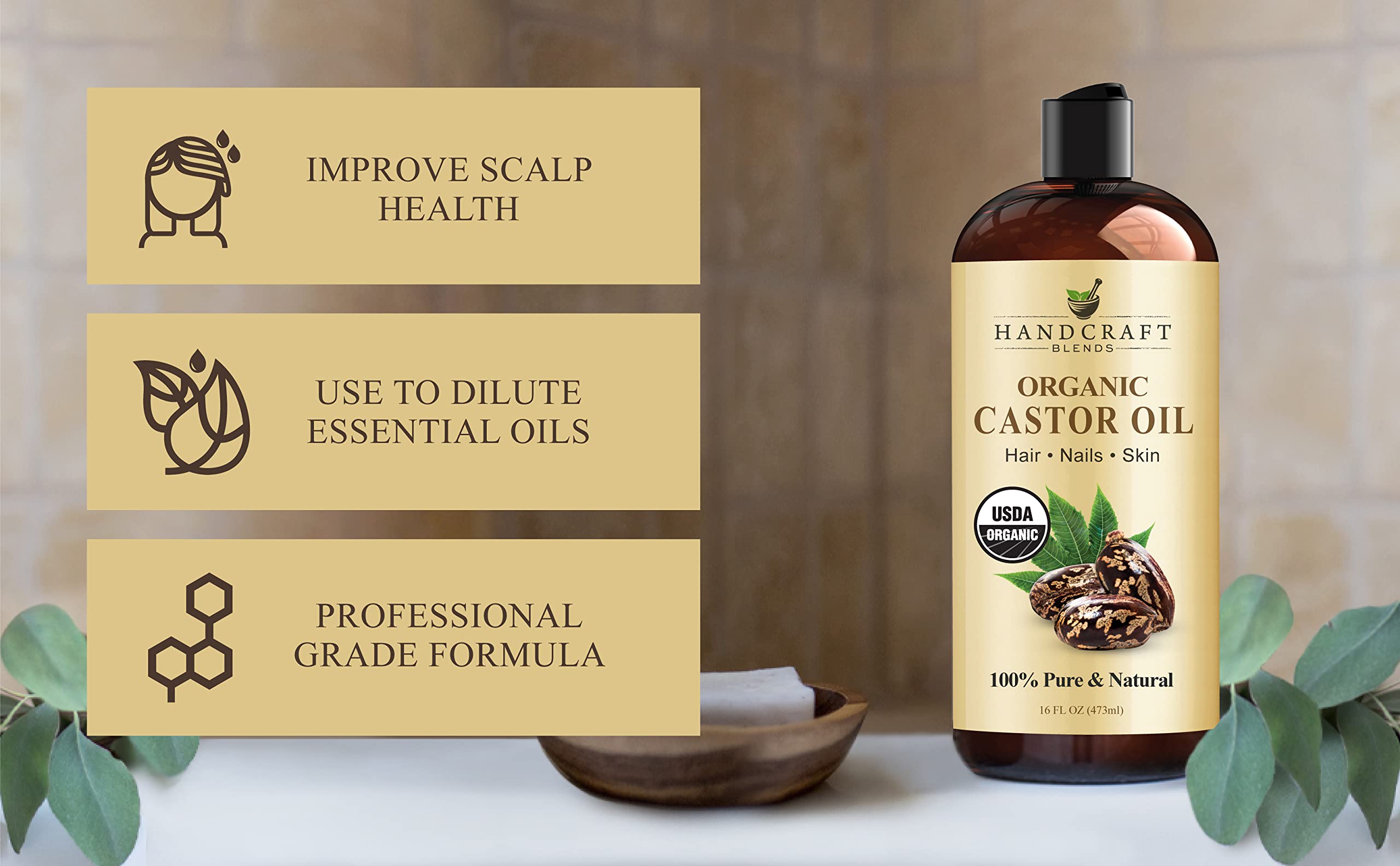 Handcraft Blends Organic Castor Oil for Hair Growth, Eyelashes and Eyebrows - 100% Pure Handcraft Blends