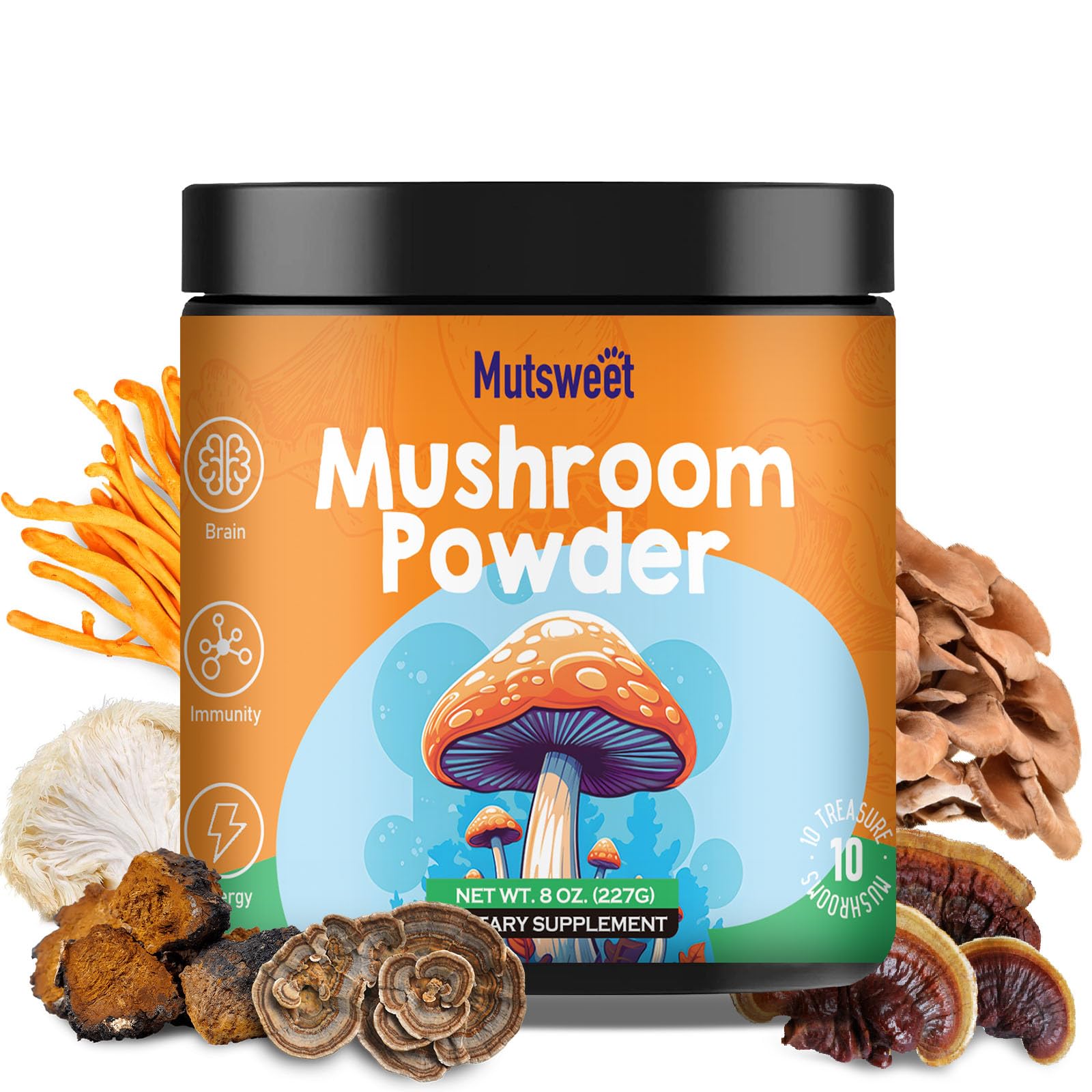 Mushroom Powder Blend (75 Servings), Ten Mushroom Supplement with Lions Mane Mutsweet